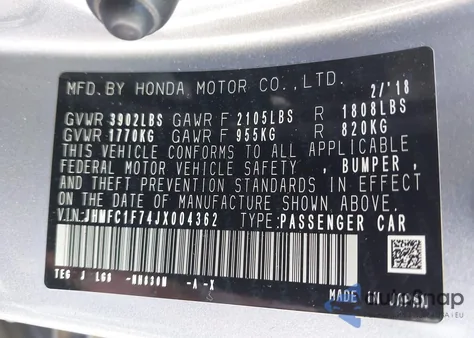 2018 Honda Civic Ex-L from USA, damaged, VIN JHMFC1F74JX004362